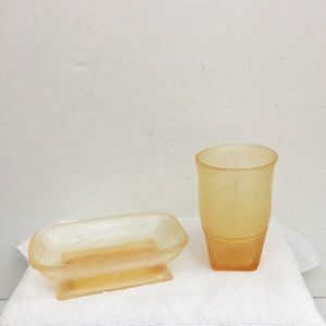Pedestal Soap Dish & Tumbler Set Faux Amber Lucite